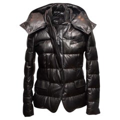 Black Tom Ford Leather Hooded Down Puffer Jacket Size IT 40