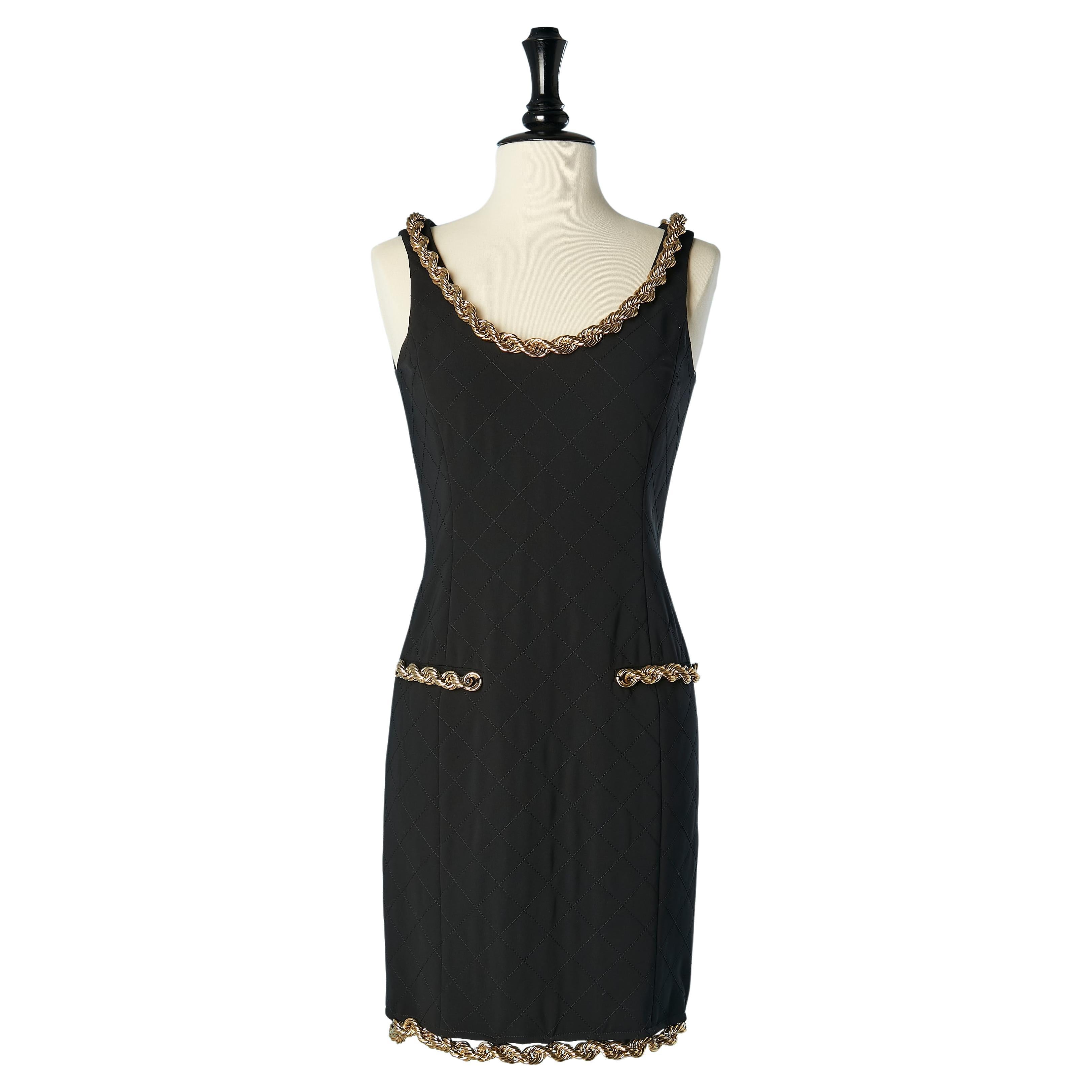 Black top stitched cocktail dress with gold metal chain edge Moschino Couture  For Sale