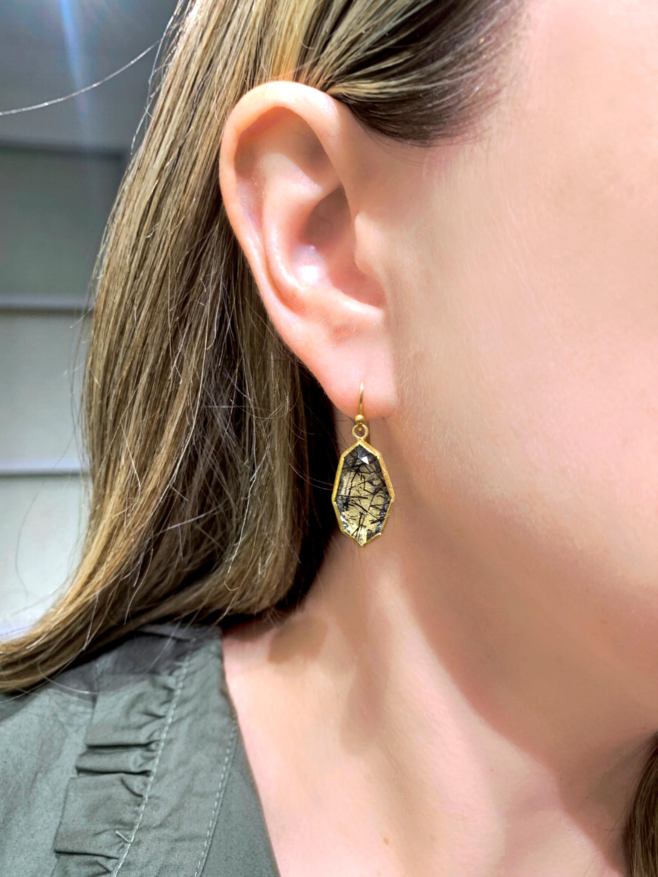 One of a Kind Drop Earrings handmade by acclaimed jewelry artist Petra Class featuring a stunning matched pair of octagonal rose-cut black tourmalinated quartz, a naturally occurring gemstone featuring a shimmering quartz inlaid with three