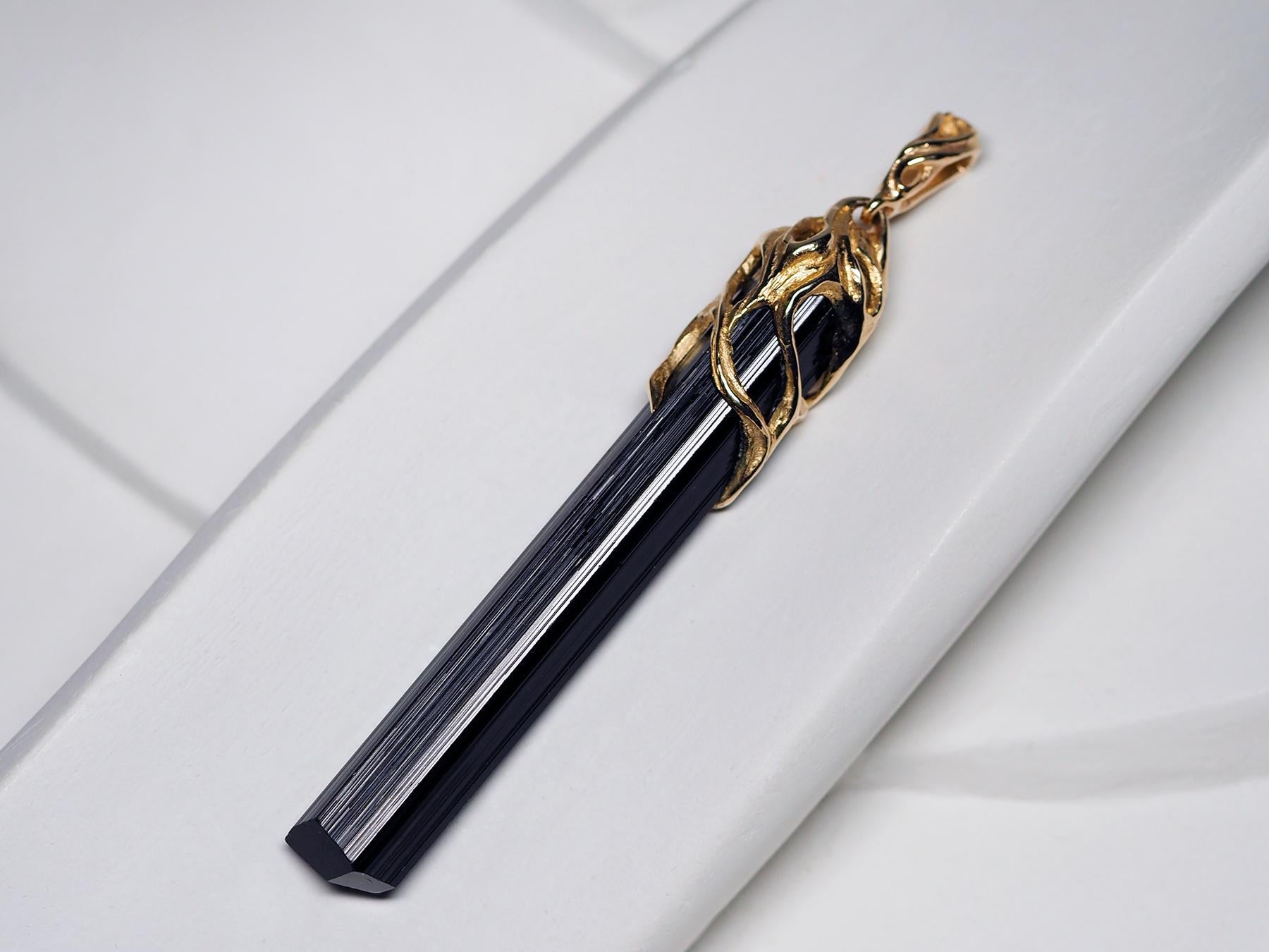 Black Tourmaline crystal necklace gold Amulet raw schorl For Sale 3