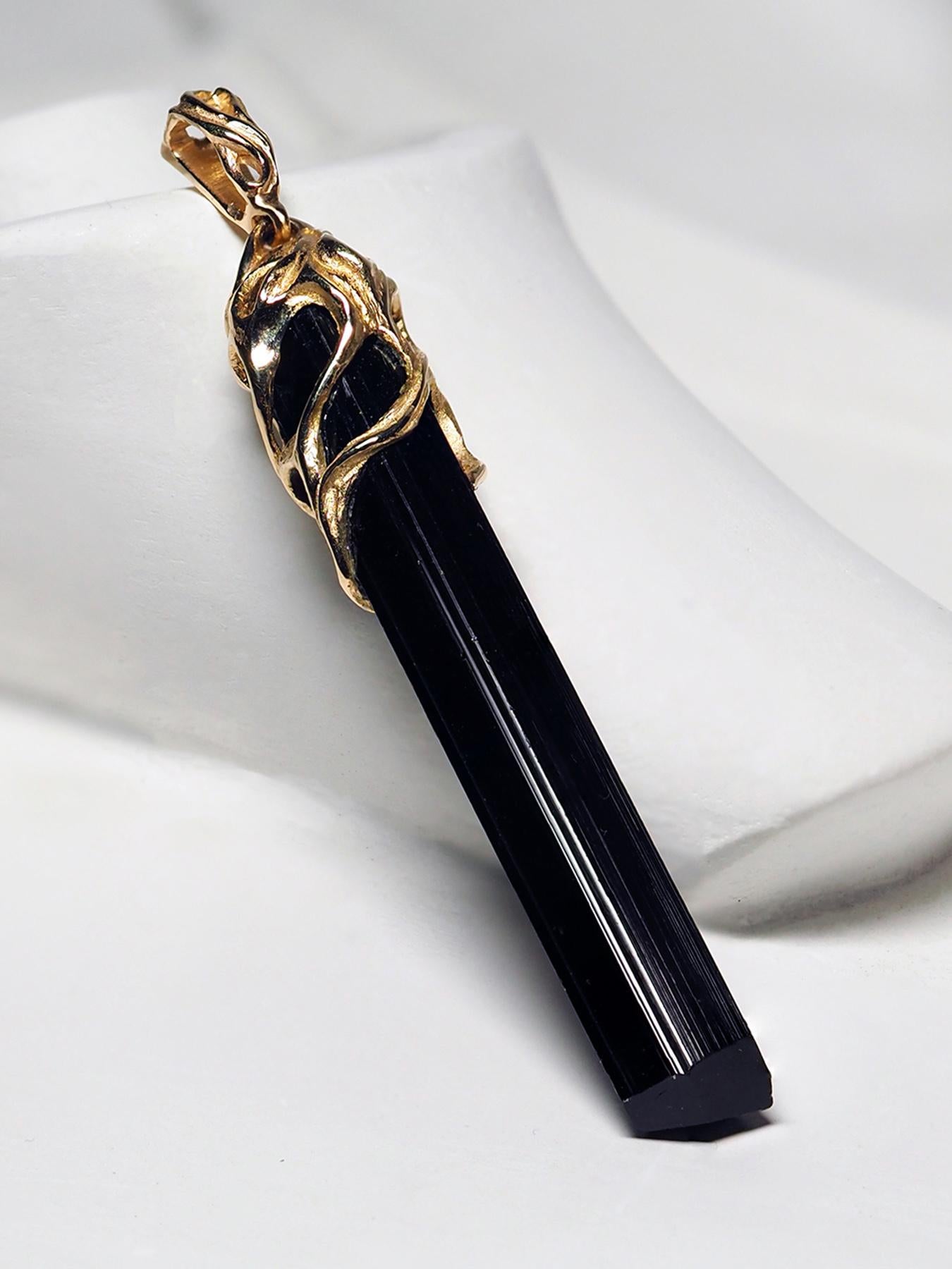 Art Nouveau Black Tourmaline crystal necklace gold Amulet raw schorl For Sale