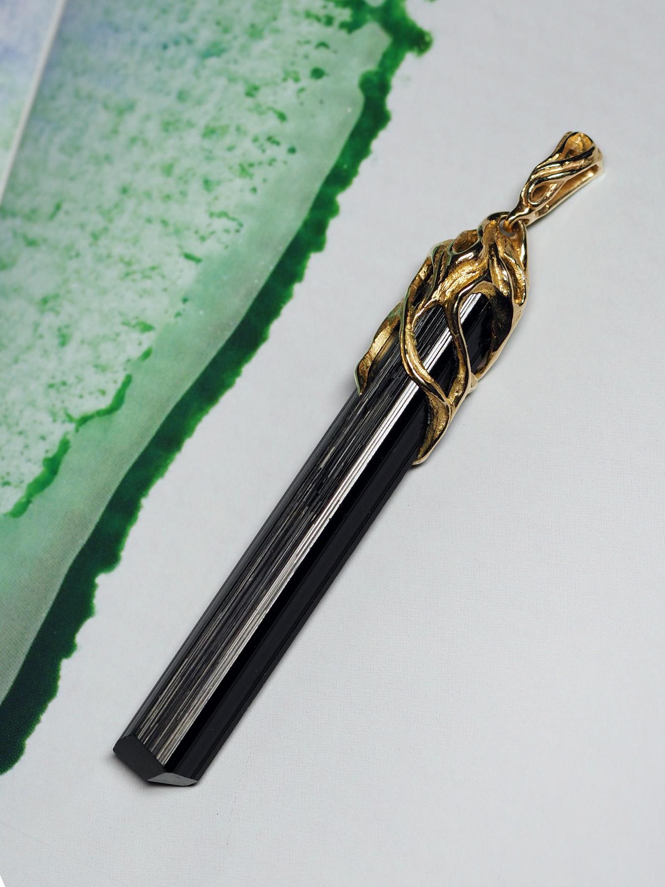 Women's or Men's Black Tourmaline crystal necklace gold Amulet raw schorl For Sale