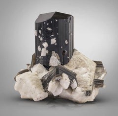 Black Tourmaline Crystal On Muscovite With Spessertine Garnet From Pakistan