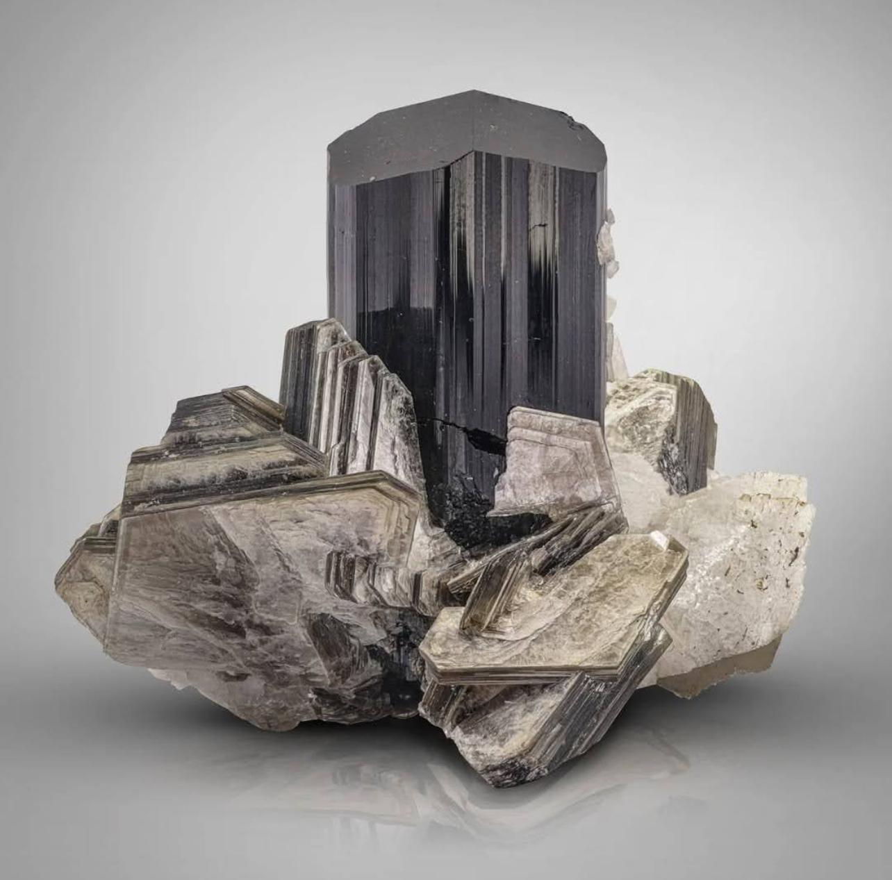 Stile Adam Black Tourmaline Crystal On Muscovite With Spessertine Garnet From Pakistan in vendita