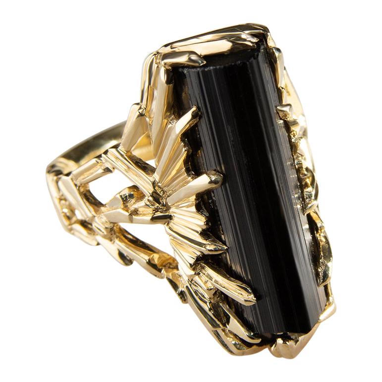 Black Tourmaline Crystal Ring Gold Schorl Engagement Ring For Sale 3