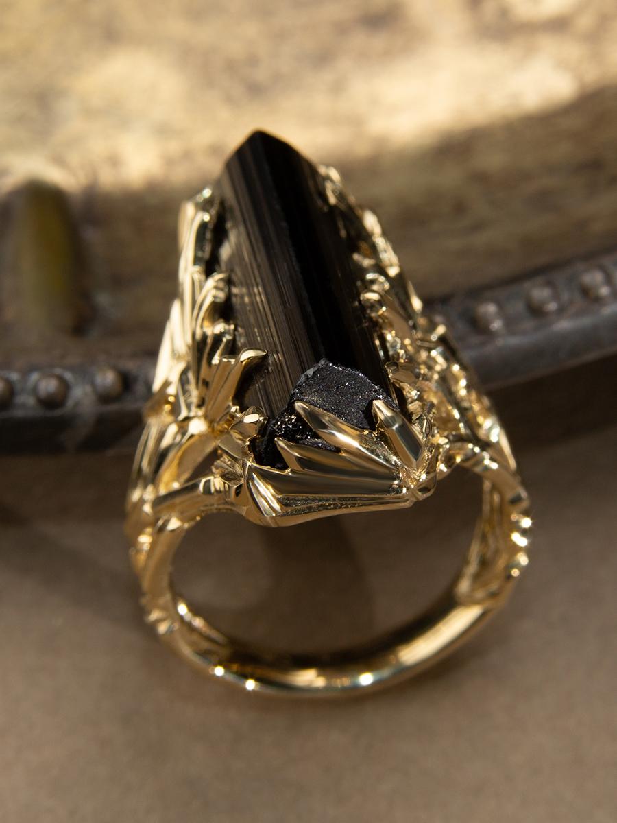Artisan Black Tourmaline Crystal Ring Gold Schorl Engagement Ring For Sale