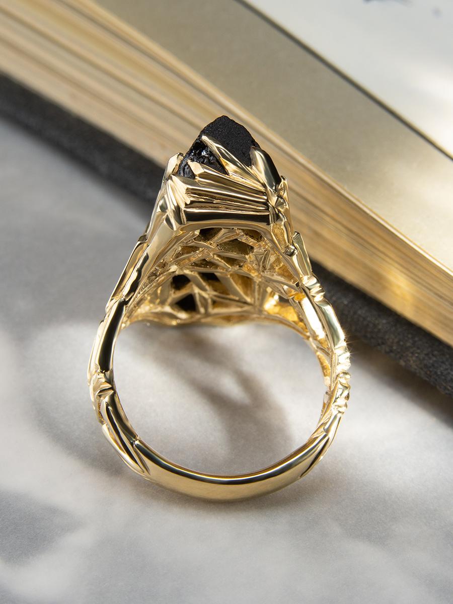 Women's or Men's Black Tourmaline Crystal Ring Gold Schorl Engagement Ring For Sale