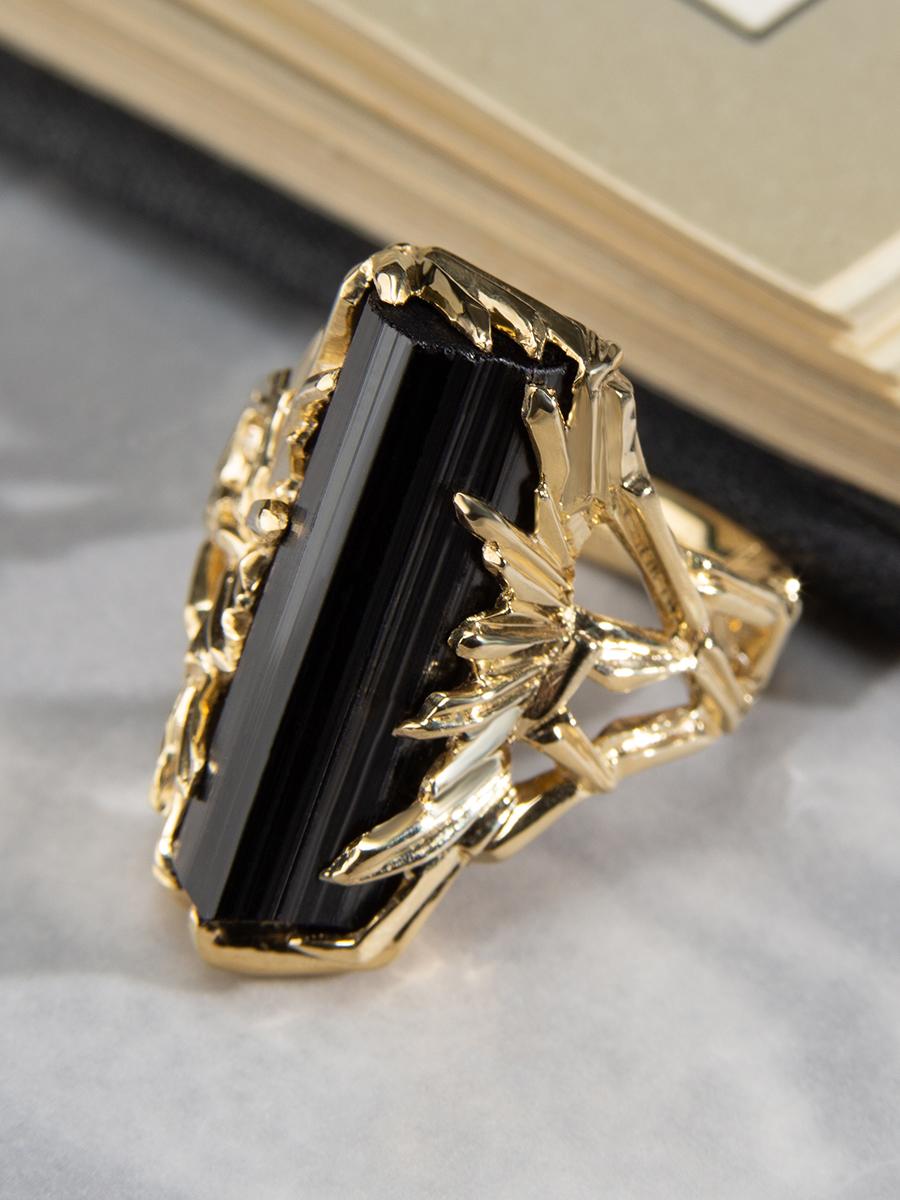 Art Deco Black Tourmaline Crystal Ring Gold One of a kind Schorl Ring For Sale