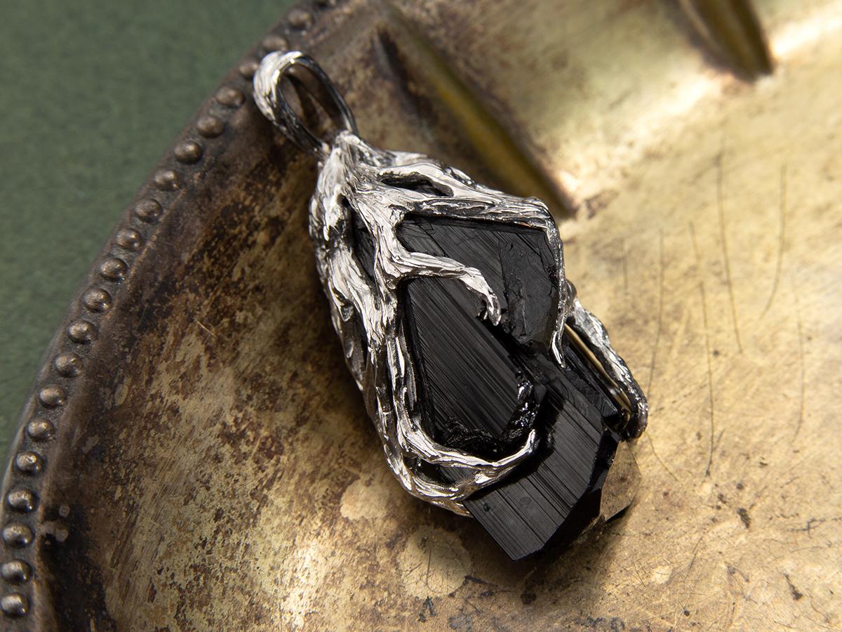 Black Tourmaline Crystal Silver Pendant Raw Unisex Necklace 2
