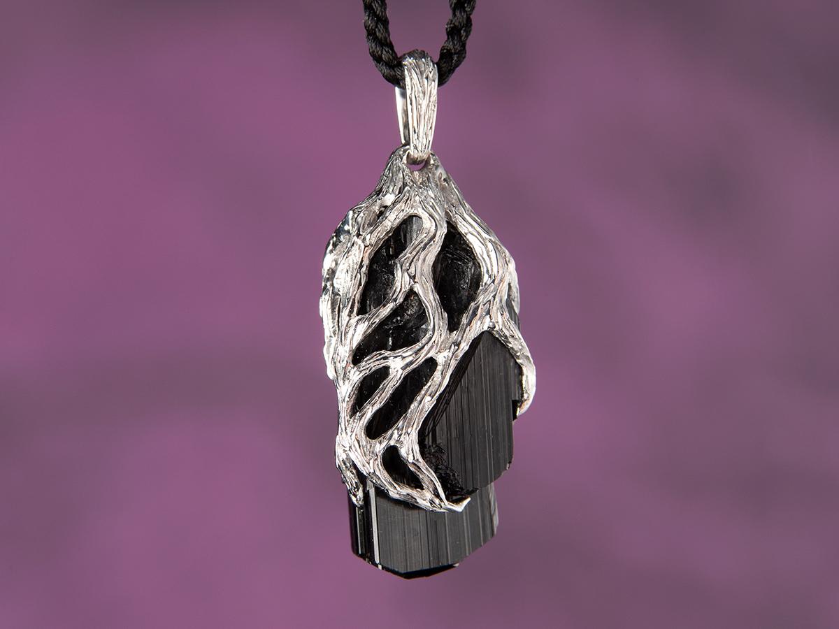 Black Tourmaline Crystal Silver Pendant Raw Unisex Necklace 3