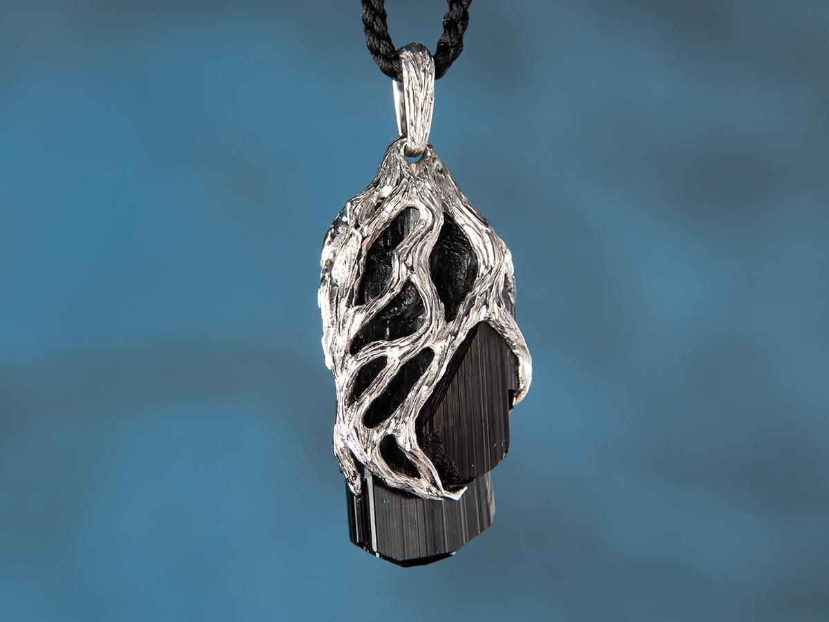 Black Tourmaline Crystal Silver Pendant Raw Unisex Necklace 4