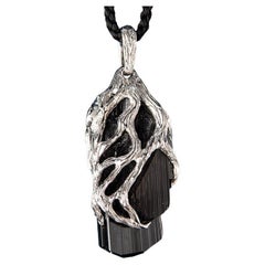Black Tourmaline Crystal Silver Pendant Raw Unisex Necklace