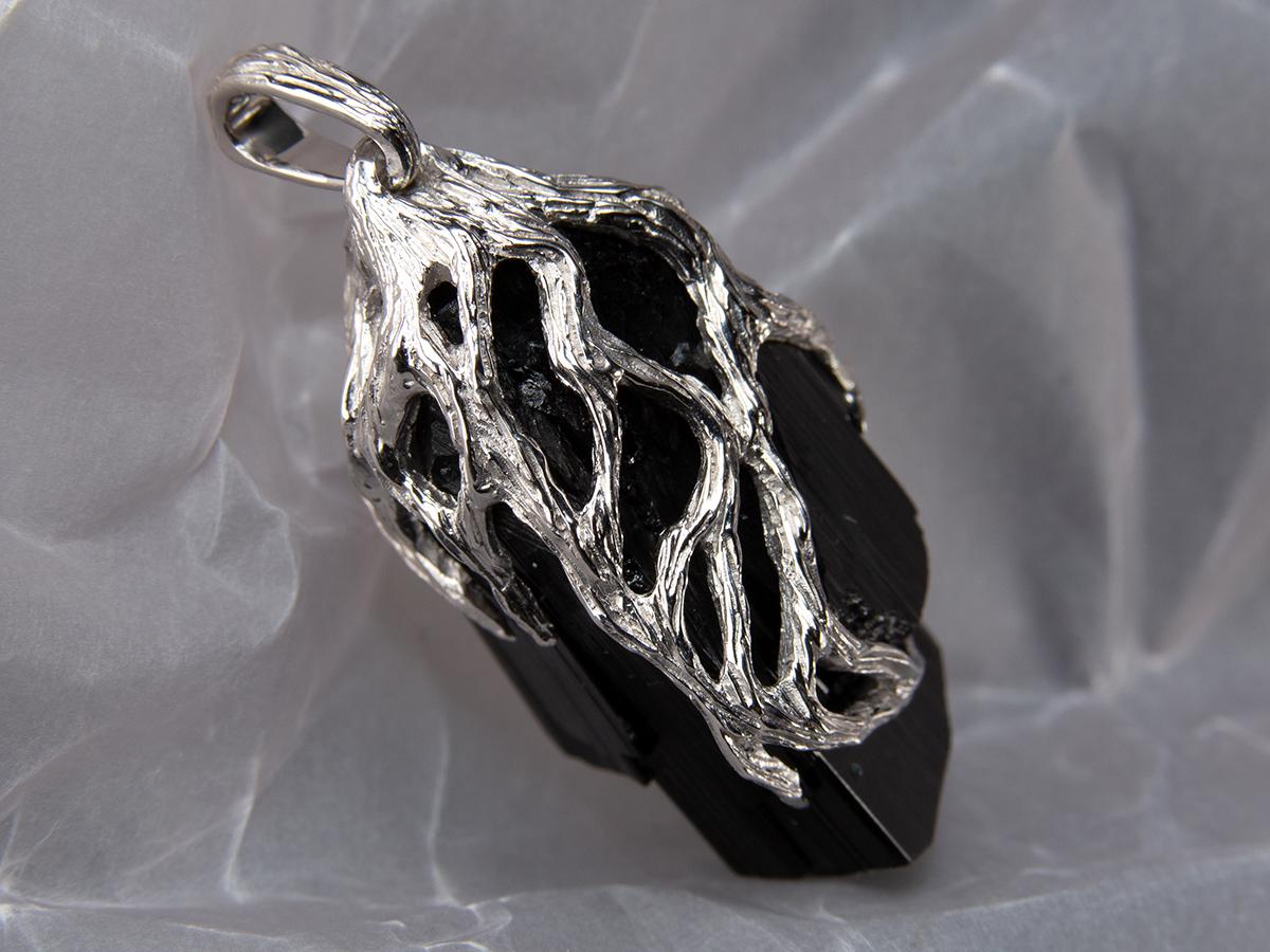 Artisan Black Tourmaline Crystal Silver Pendant Raw Unisex Necklace
