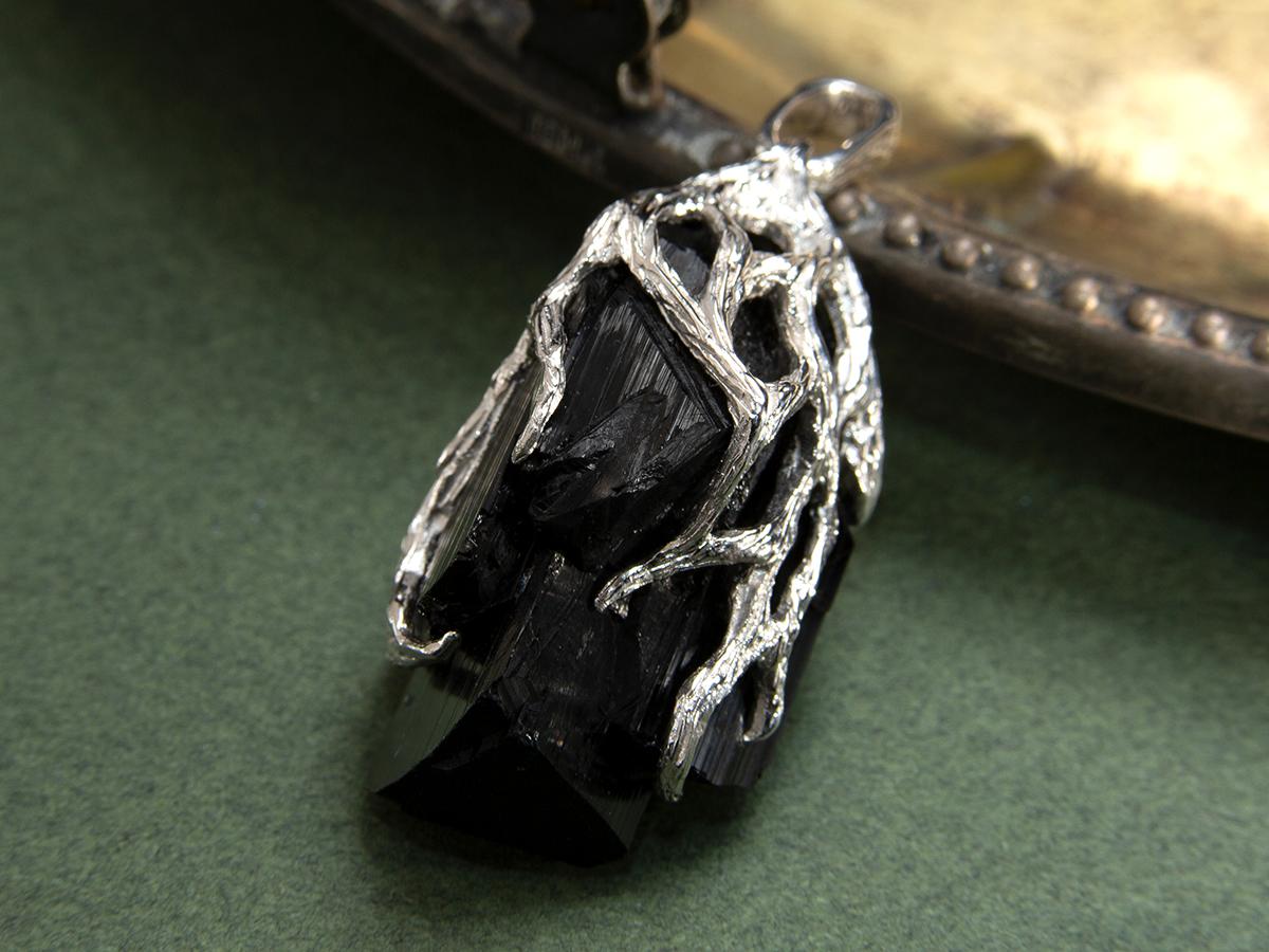 Uncut Black Tourmaline Crystal Silver Pendant Raw Unisex Necklace