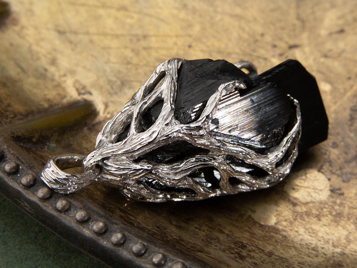Black Tourmaline Crystal Silver Pendant Raw Unisex Necklace 1
