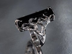 Black Tourmaline Crystal Silver Ring Raw Schorl Gemstone Men Statement Jewelry