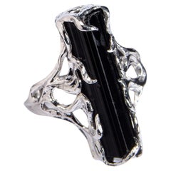 Black Tourmaline Crystal Silver Ring Raw Schorl Gemstone Men Statement Jewelry