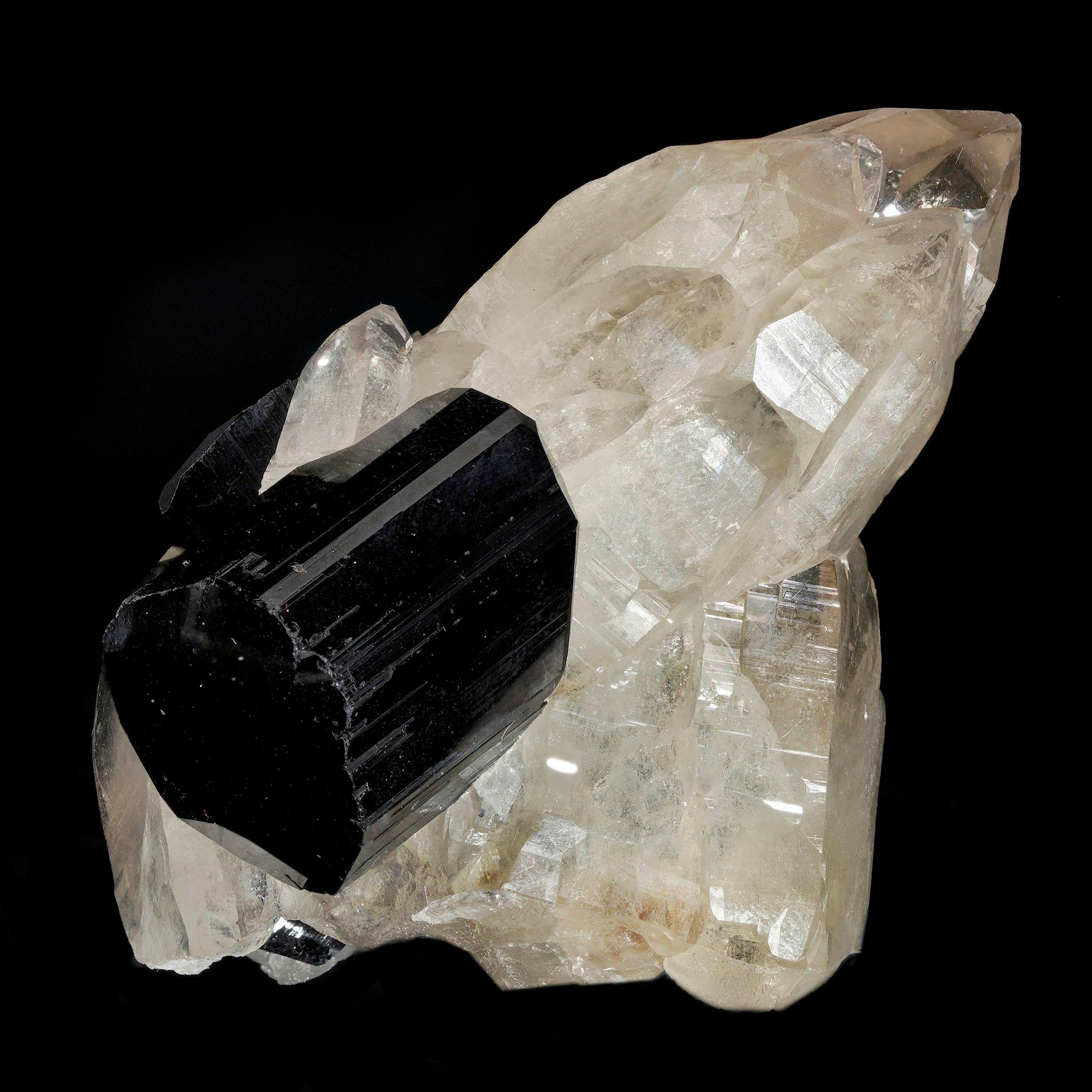 This stunning Black Tourmaline in Smoky Quartz specimen showcases a perfect balance of deep black and translucent smoky hues, creating a striking natural aesthetic. Its sharp, well-defined tourmaline contrasts beautifully with the gentle, smoky