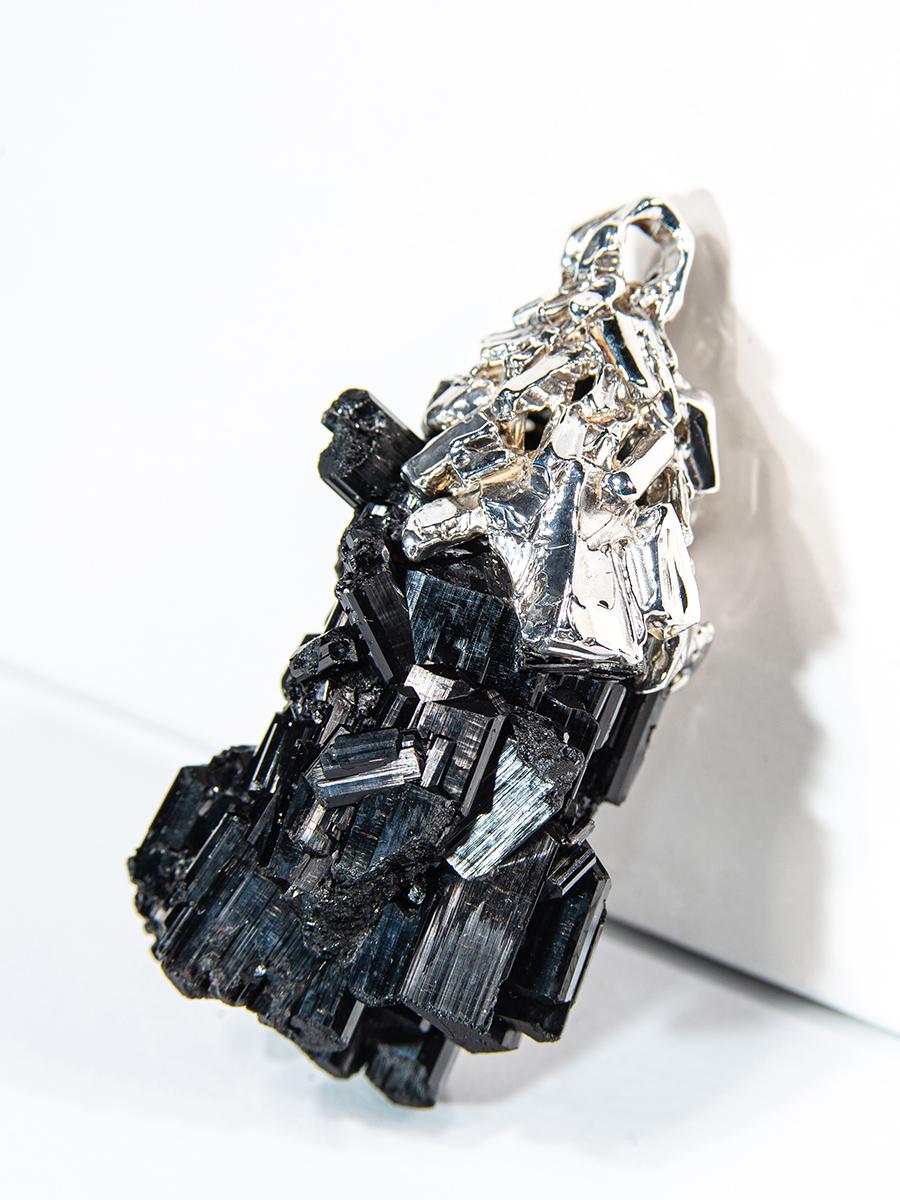 Art Deco Large Black Tourmaline Necklace Schorl Silver pendant Crystal unisex jewelry For Sale