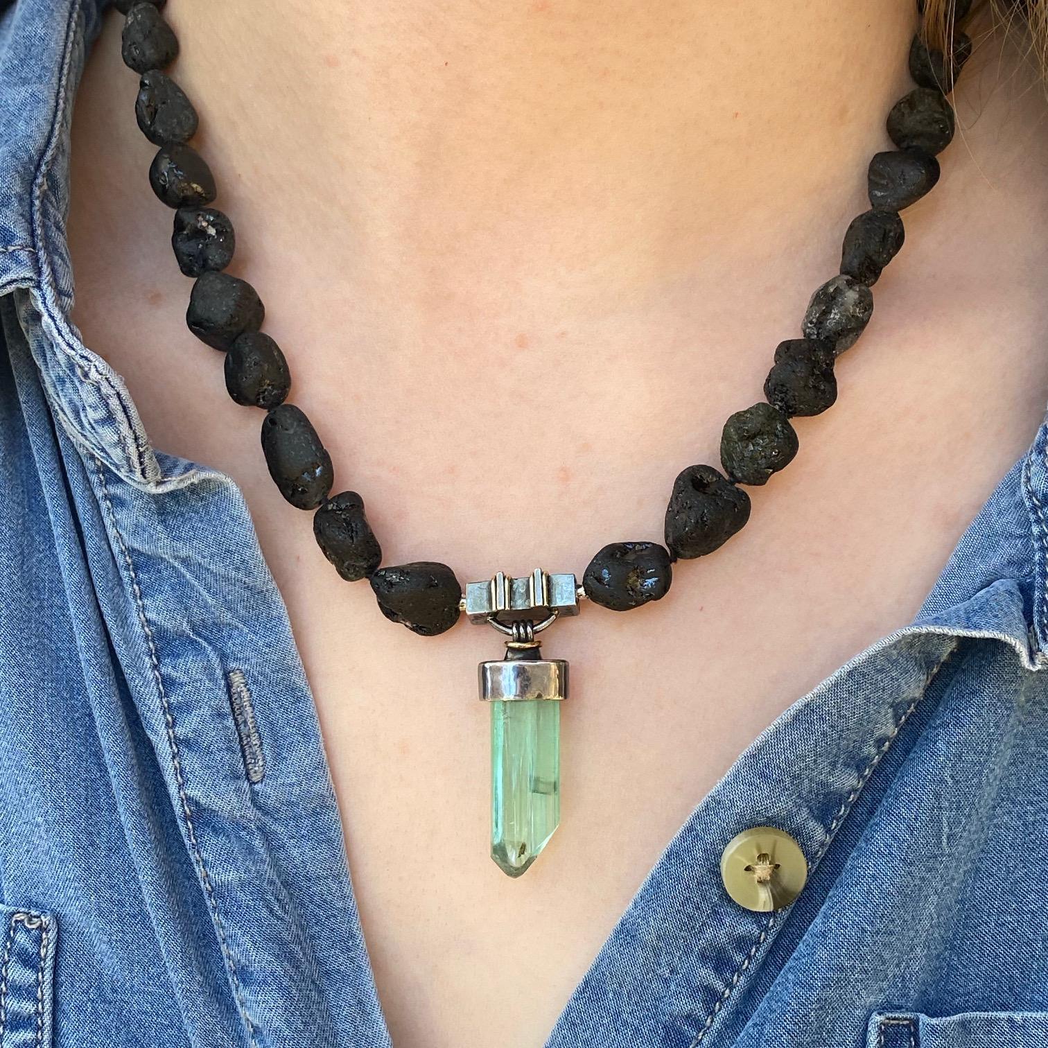Contemporary Black Tourmaline Necklace with a Silver and 18k Green Tourmaline Crystal Clasp