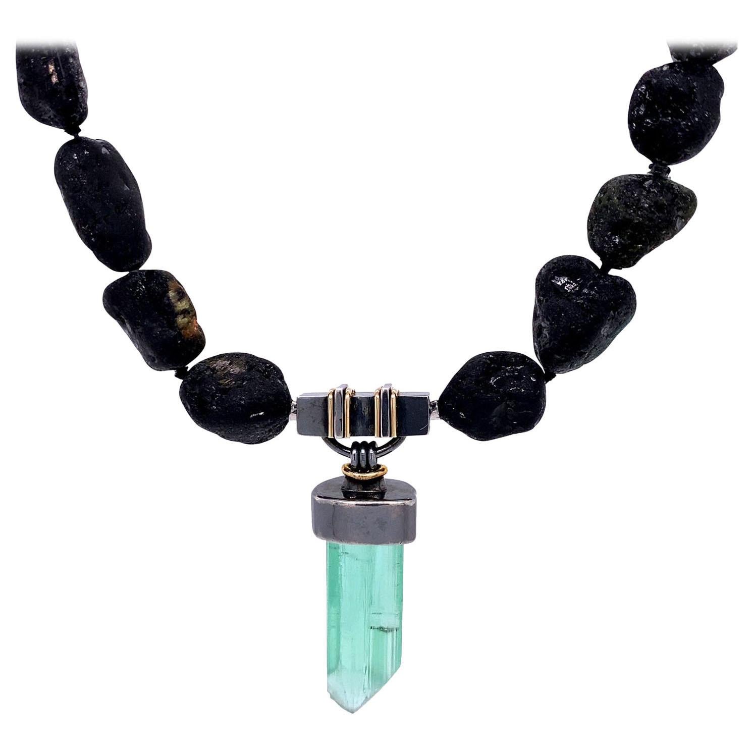 Black Tourmaline Necklace with a Silver and 18k Green Tourmaline Crystal Clasp