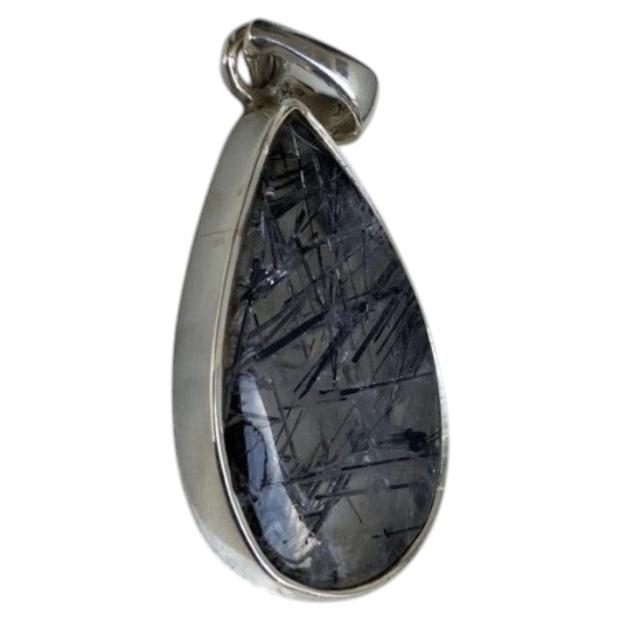 Ciondolo in argento al quarzo con tormalina nera, ciondolo al quarzo schorl in vendita