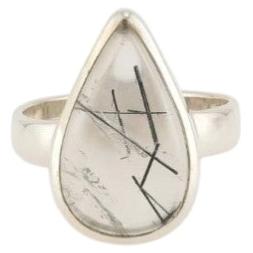 Black Tourmaline quartz silver ring, schorl quartz ring, 7 size ring For Sale