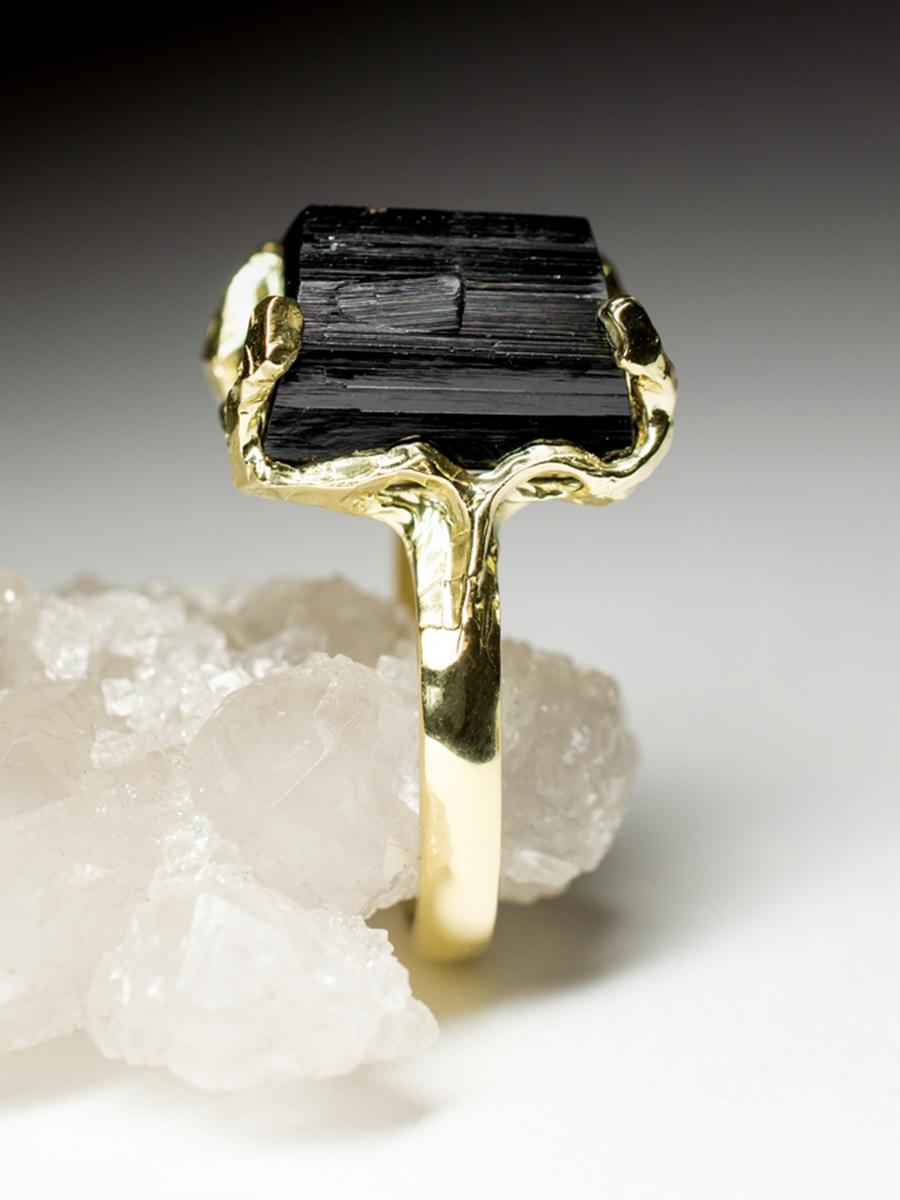 Black Tourmaline Ring Gold Men's Natural Raw Schorl Crystal LOTR For Sale 1