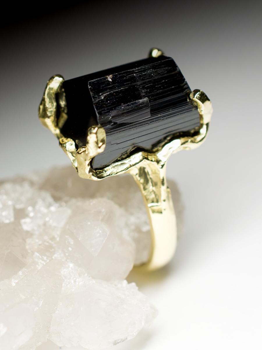 Black Tourmaline Ring Gold Men's Natural Raw Schorl Crystal LOTR For Sale 2