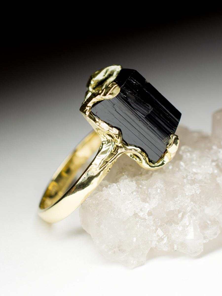 Black Tourmaline Ring Gold Men's Natural Raw Schorl Crystal LOTR For Sale 4