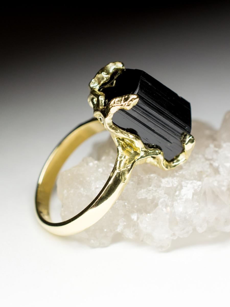 Black Tourmaline Ring Gold Men's Natural Raw Schorl Crystal LOTR For Sale 8