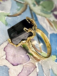 Black Tourmaline Ring Gold Men's Natural Raw Schorl Crystal LOTR