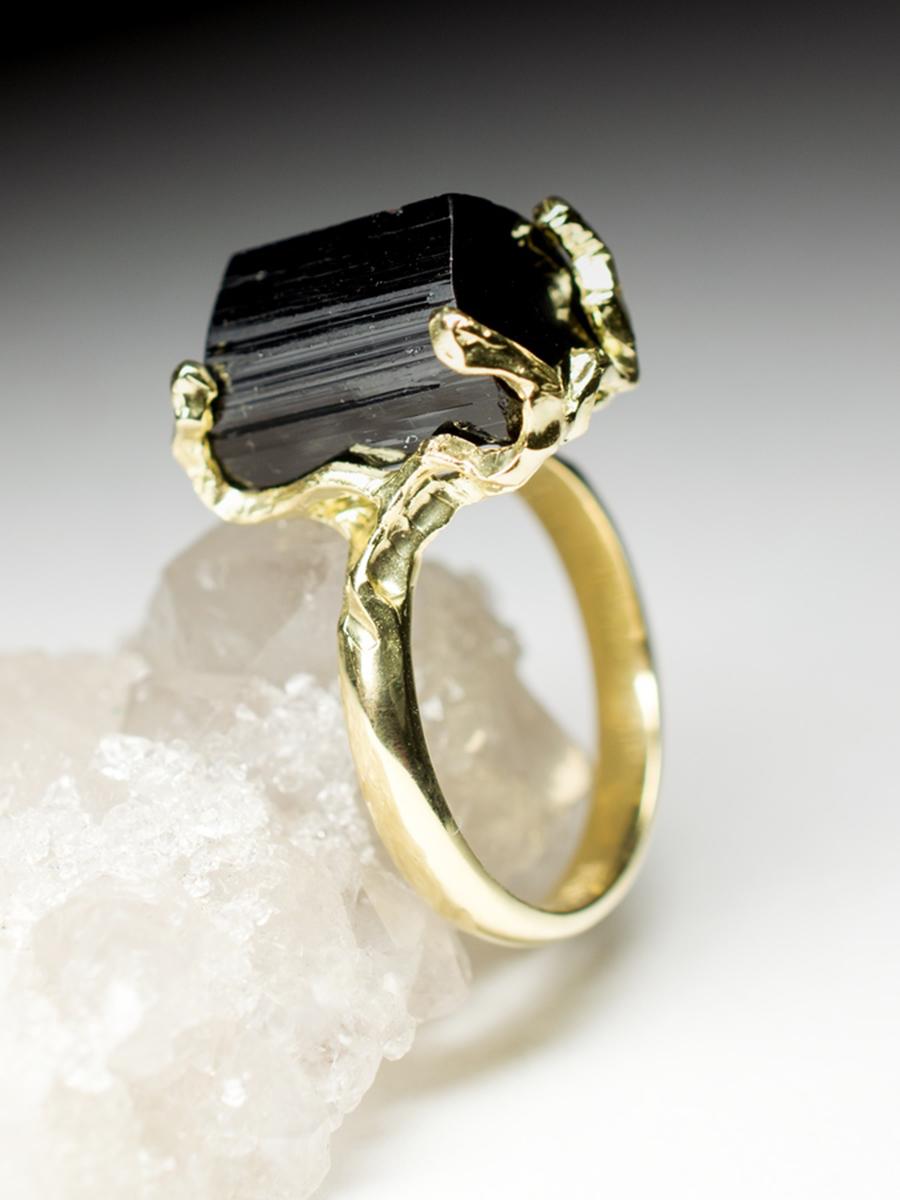 Uncut Black Tourmaline Ring Gold Men's Natural Raw Schorl Crystal LOTR For Sale