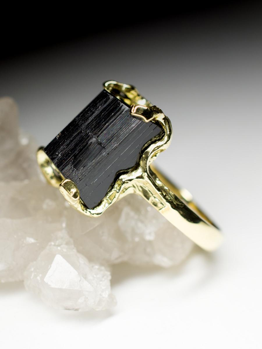 Women's or Men's Black Tourmaline Ring Gold Men's Natural Raw Schorl Crystal LOTR For Sale