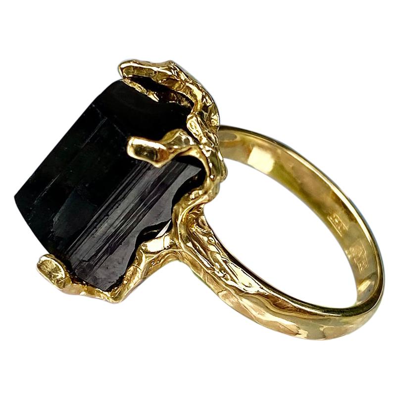 Black Tourmaline Ring Gold Men's Natural Raw Schorl Crystal LOTR For Sale