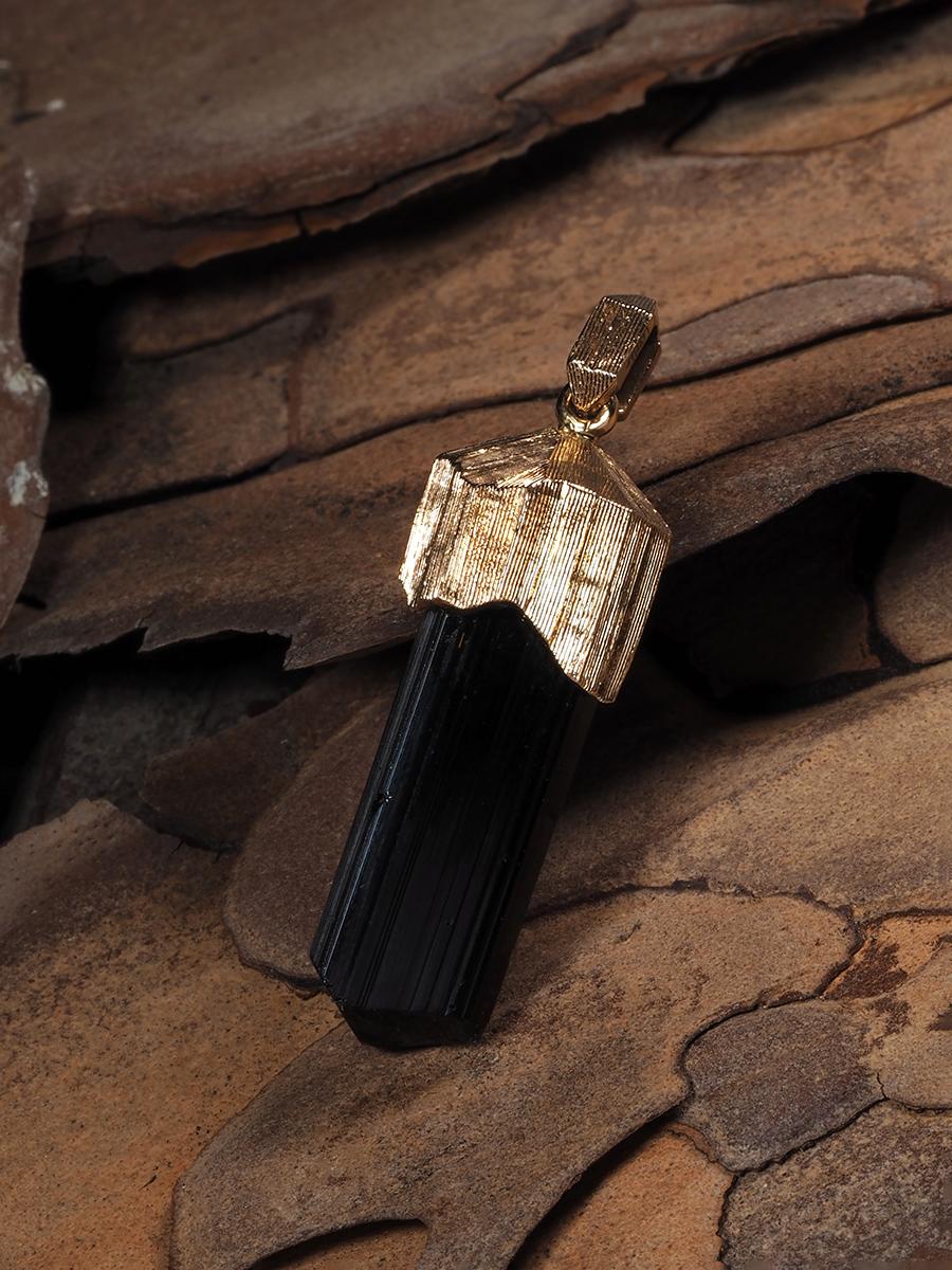 Artisan Black Tourmaline Schorl Gold Pendant Natural Crystal Healing Midnight For Sale