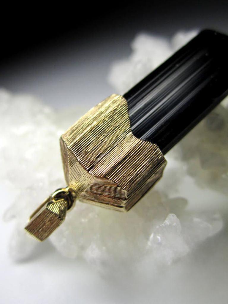 Black Tourmaline Schorl Gold Pendant Natural Crystal Healing Midnight For Sale 6