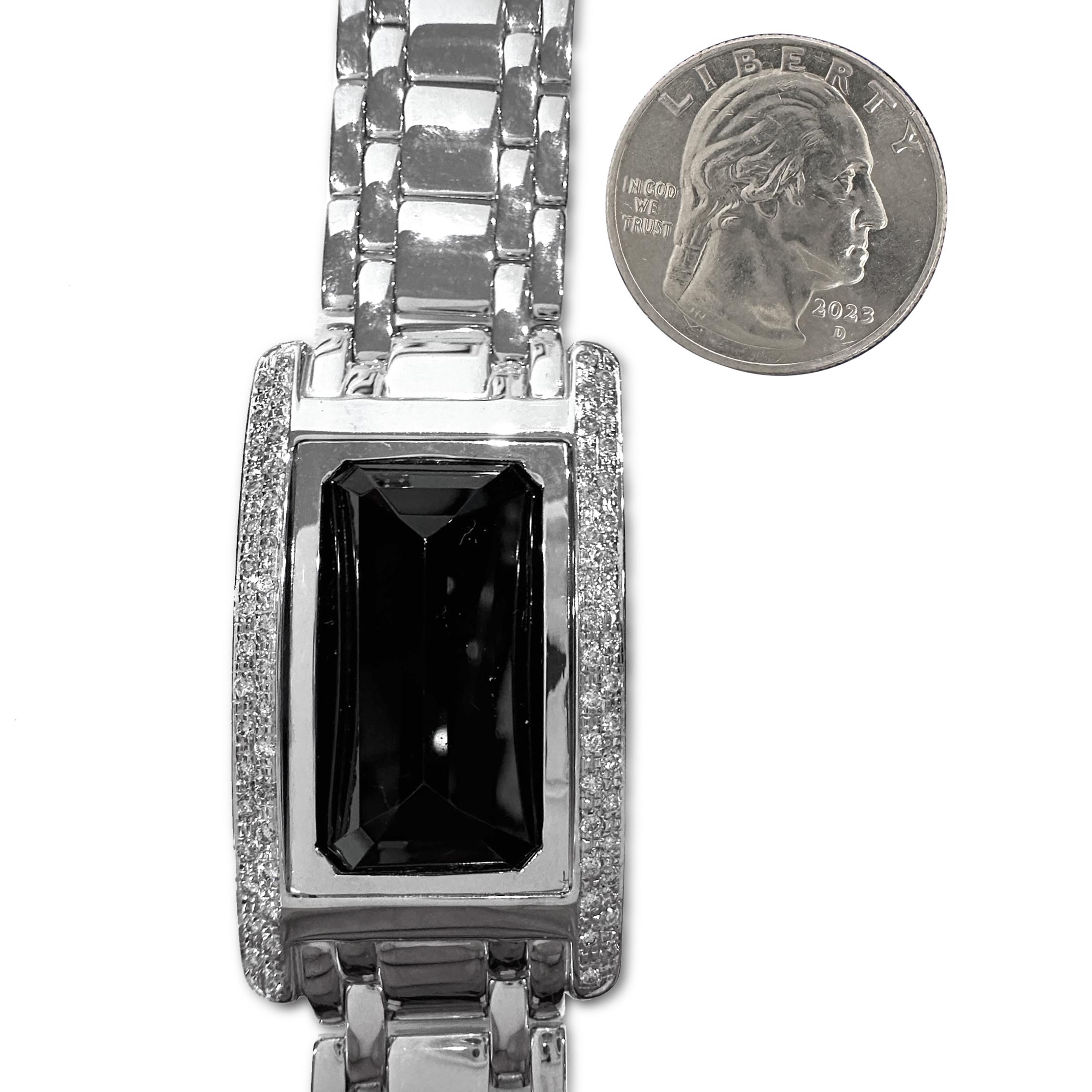 Black Tourmaline Set in 14K White Gold & Diamond Tank Watch Conversion Bracelet in vendita 7