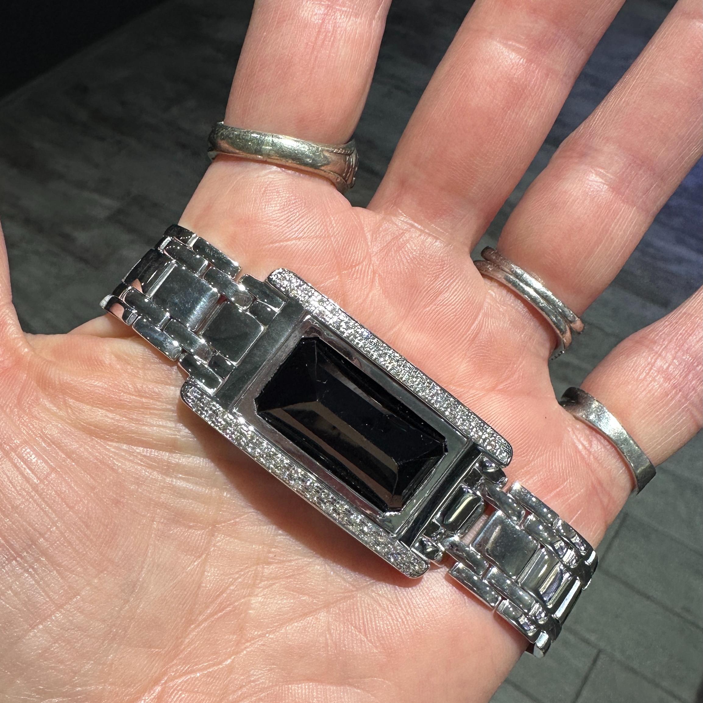 Contemporaneo Black Tourmaline Set in 14K White Gold & Diamond Tank Watch Conversion Bracelet in vendita
