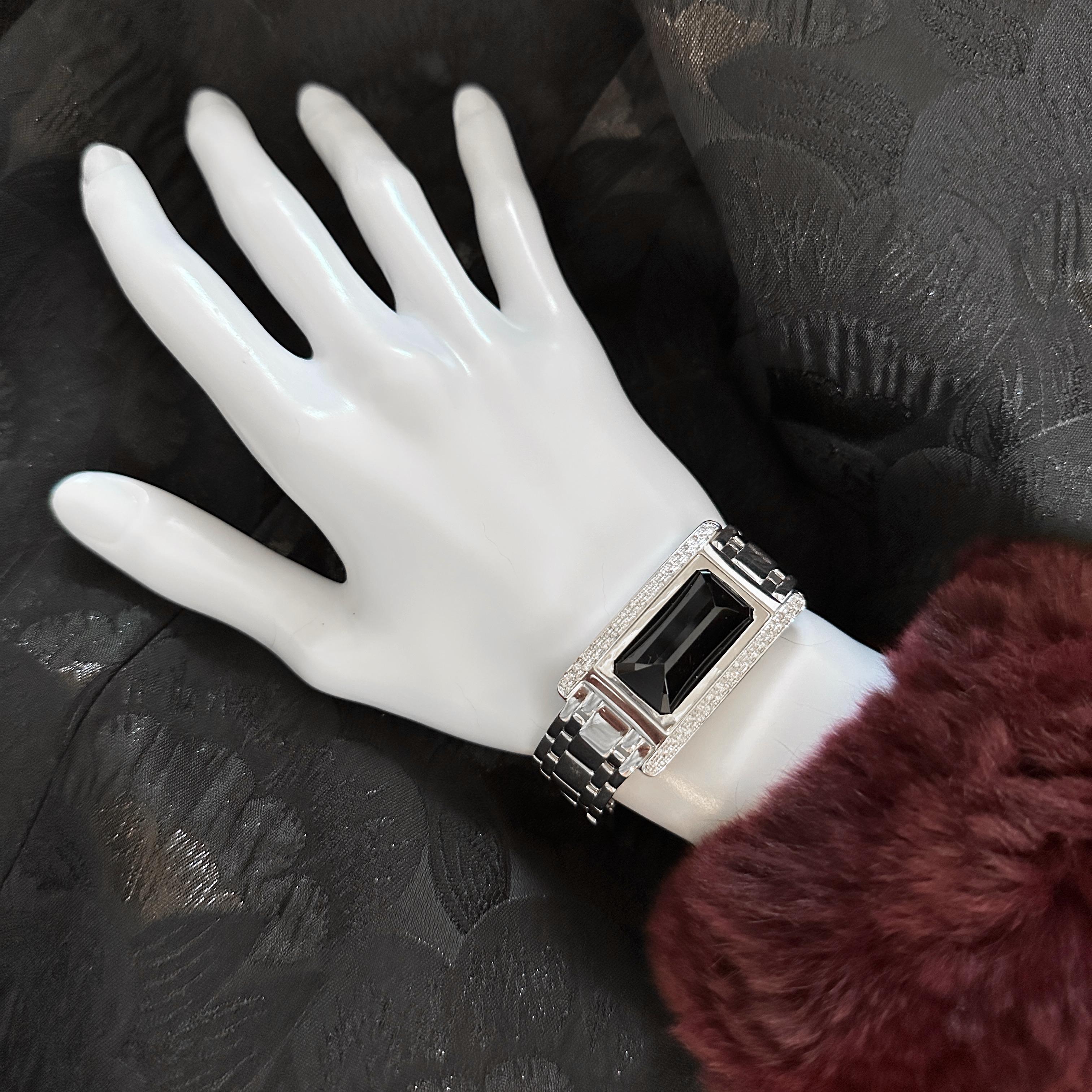 Taglio brillante Black Tourmaline Set in 14K White Gold & Diamond Tank Watch Conversion Bracelet in vendita