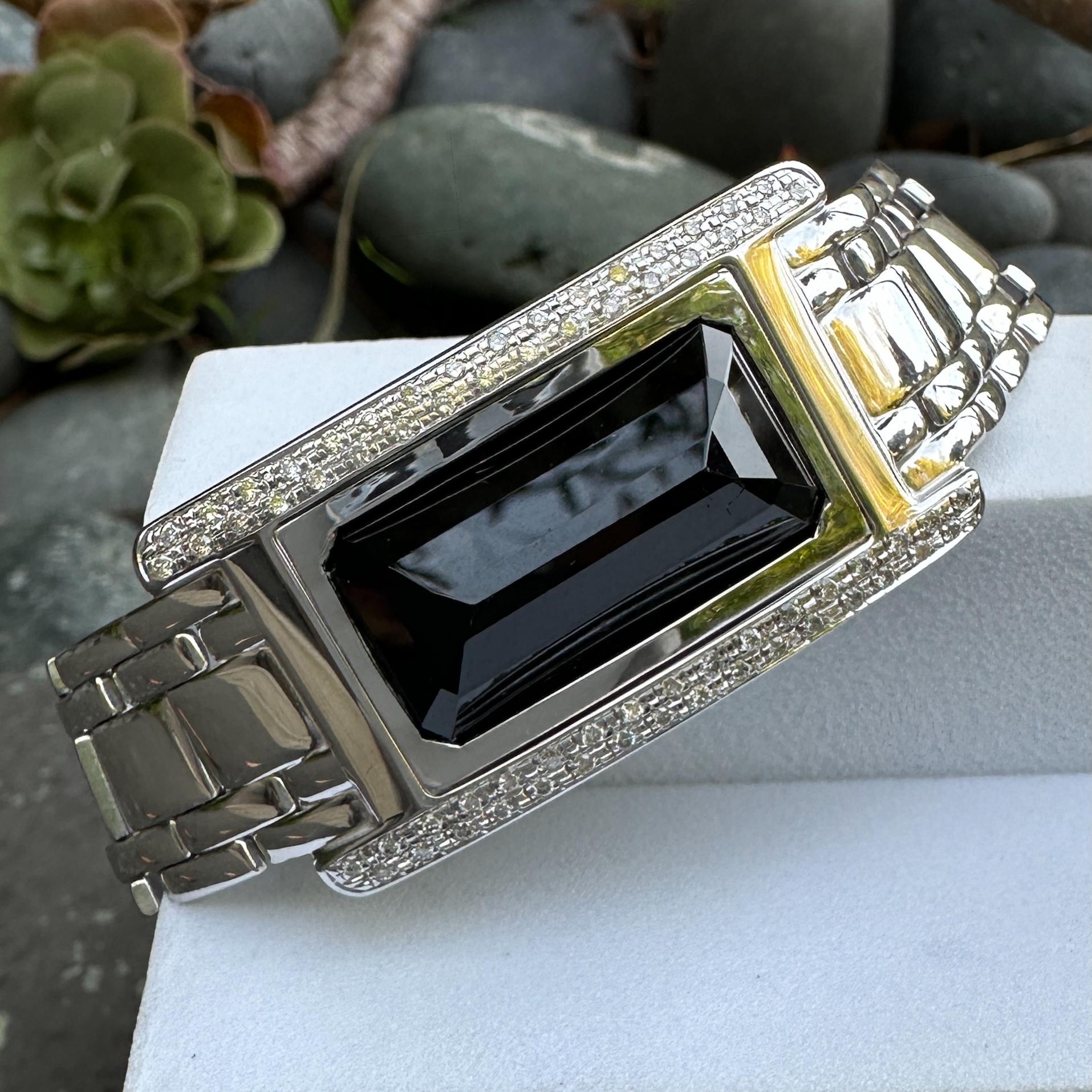 Black Tourmaline Set in 14K White Gold & Diamond Tank Watch Conversion Bracelet In condizioni ottime in vendita a Sherman Oaks, CA