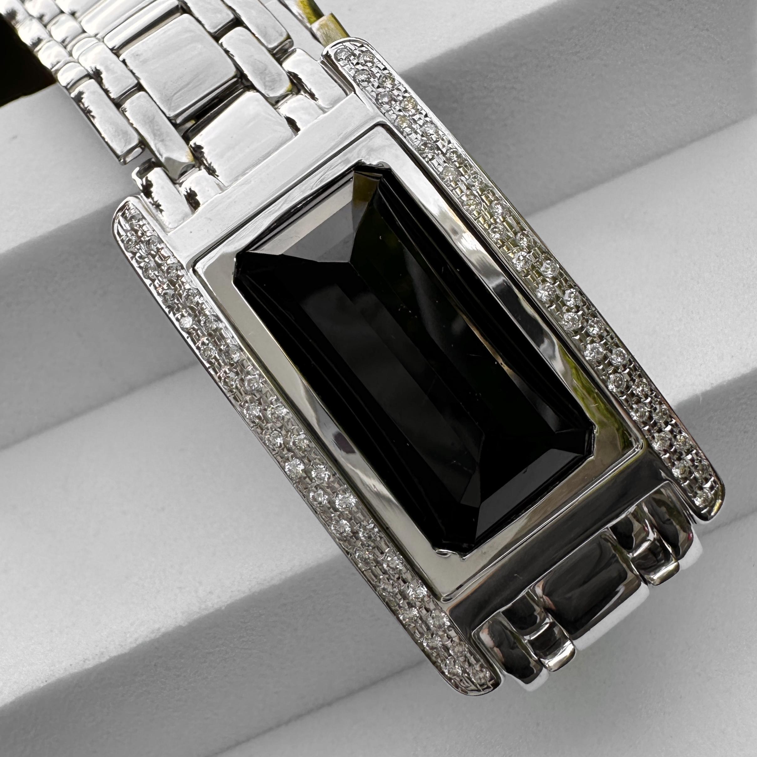da uomo o donna Black Tourmaline Set in 14K White Gold & Diamond Tank Watch Conversion Bracelet in vendita