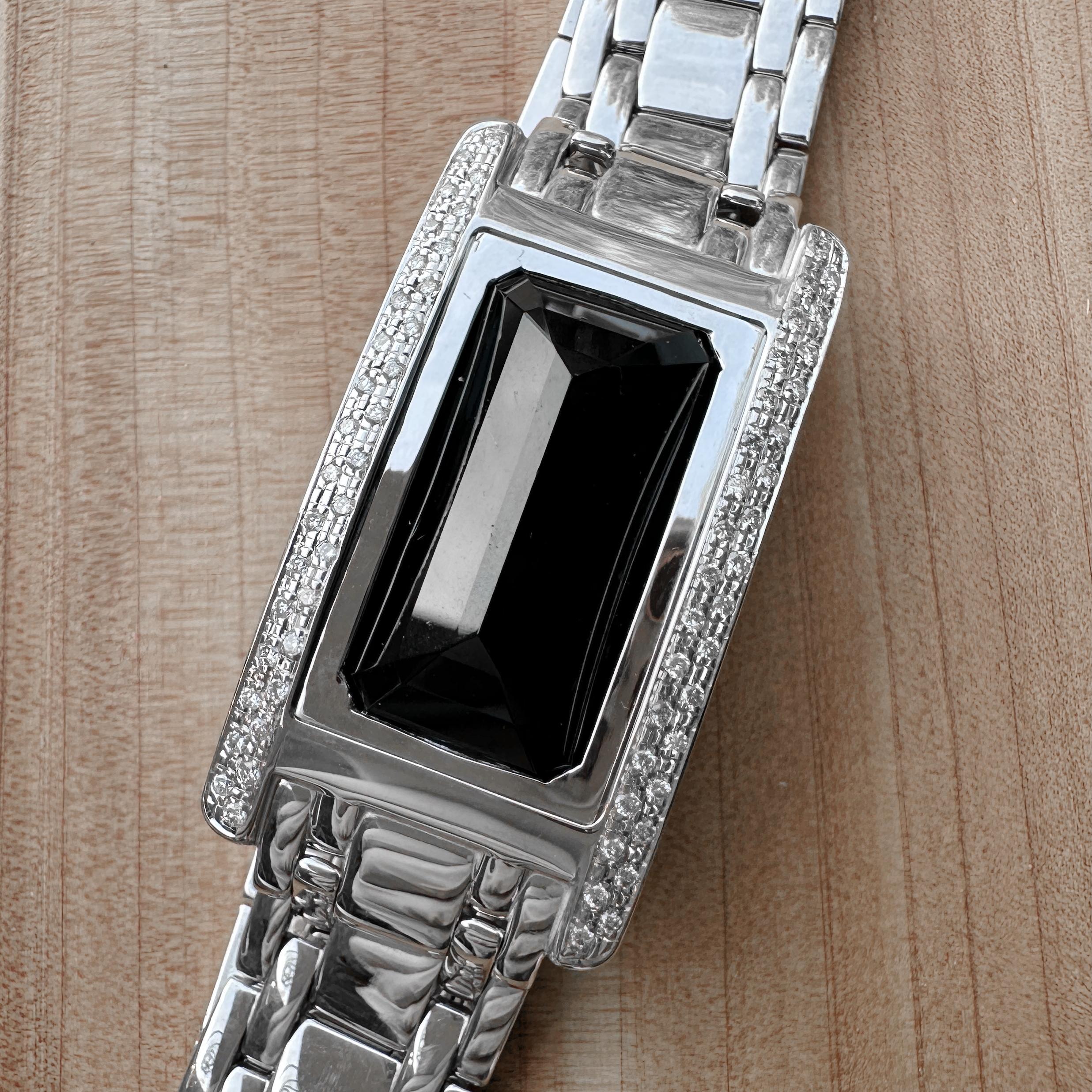 Black Tourmaline Set in 14K White Gold & Diamond Tank Watch Conversion Bracelet in vendita 1