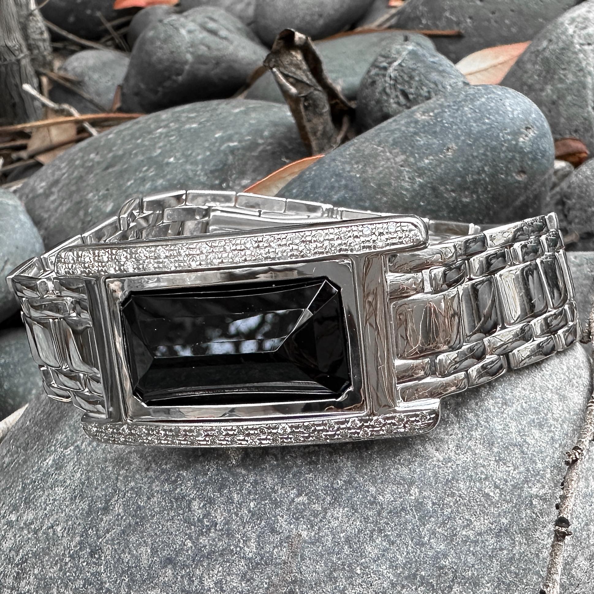 Black Tourmaline Set in 14K White Gold & Diamond Tank Watch Conversion Bracelet For Sale 2