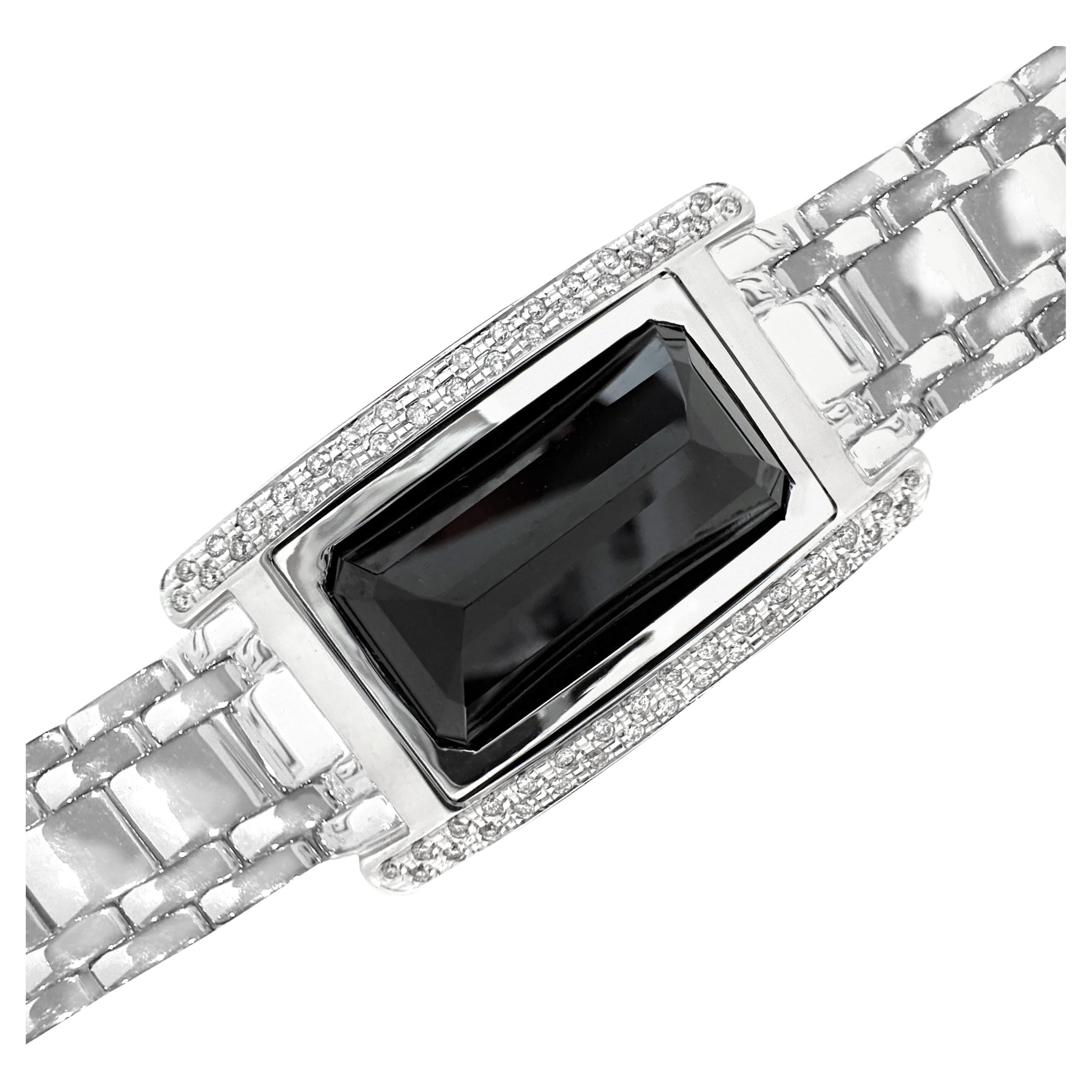 Black Tourmaline Set in 14K White Gold & Diamond Tank Watch Conversion Bracelet