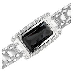 Black Tourmaline Set in 14K White Gold & Diamond Tank Watch Conversion Bracelet