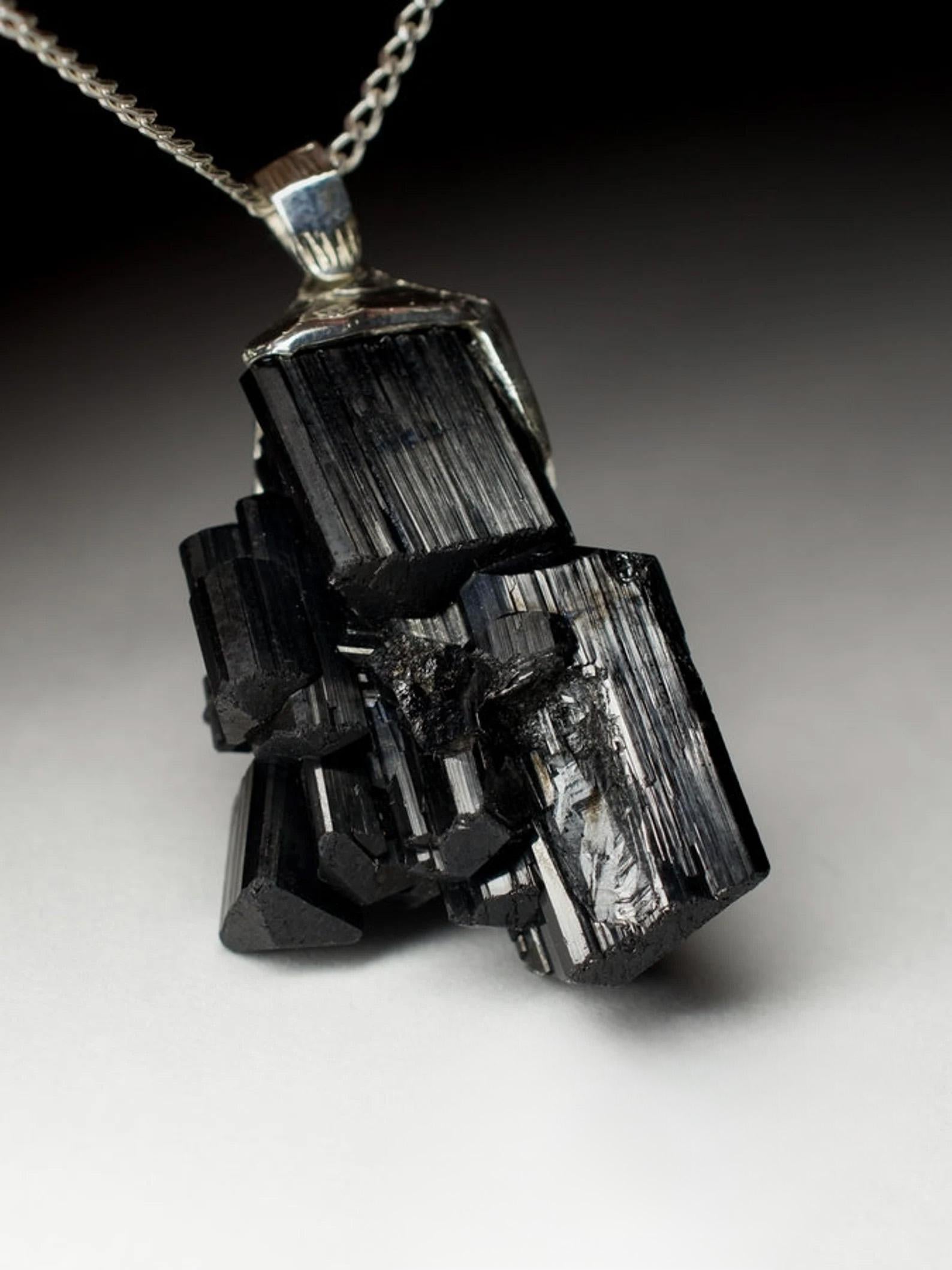 Artisan Black Tourmaline silver pendant crystal protection necklace gift for male friend