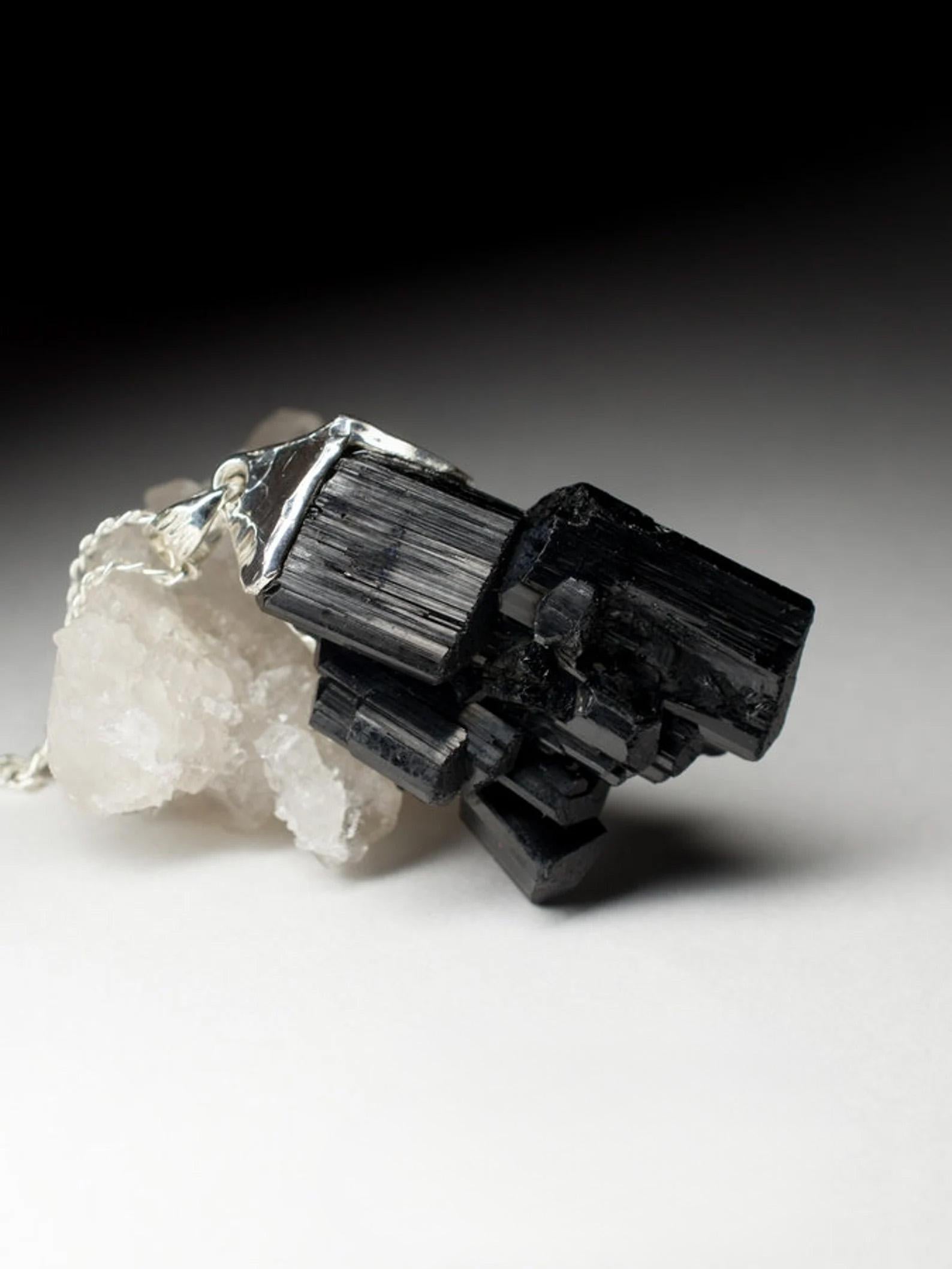 Uncut Black Tourmaline silver pendant crystal protection necklace gift for male friend