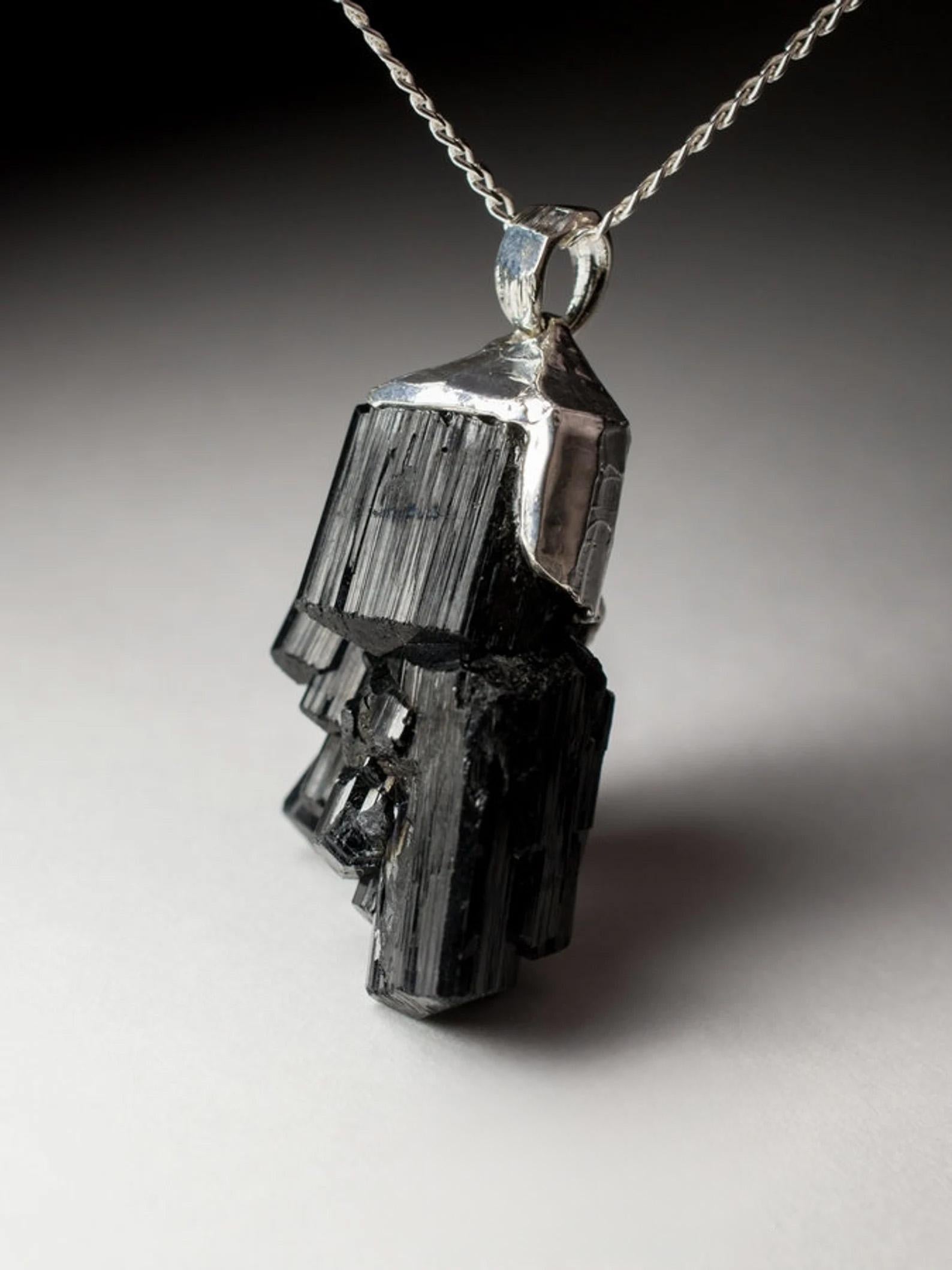 Black Tourmaline silver pendant crystal protection necklace gift for male friend In New Condition In Berlin, DE