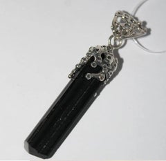 Black tourmaline silver pendant, schorl crystal jewelry